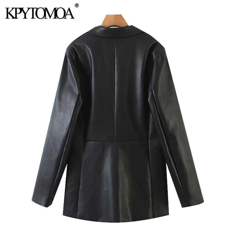 KPYTOMOA Women Fashion Faux Leather Single Button Blazers Coat Vintage Long Sleeve Pockets Female Outerwear Chic Tops 210930