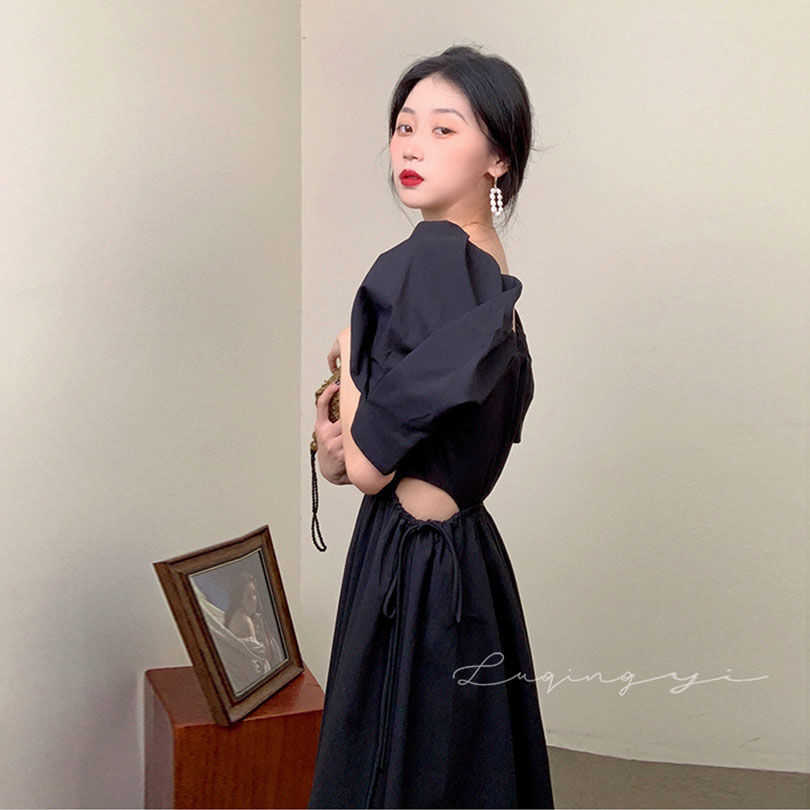 Korean Drawstring Hollow-out Slim Waist Woman Dress Puff Sleeve Square Collar Causal Elegant Vestido 6H740 210603