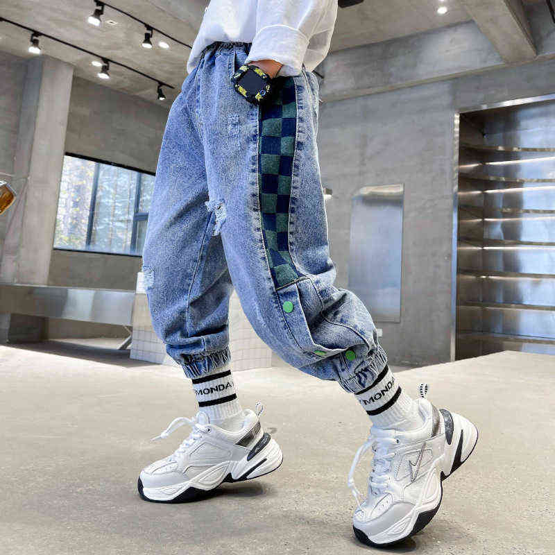 Boys Jeans 2022 New Fashion Spring Autumn Teens Loose Elastic Casual Blue Children Ripped Trousers Cowboy Pants 4 6 8 10 12 14 Y W220225
