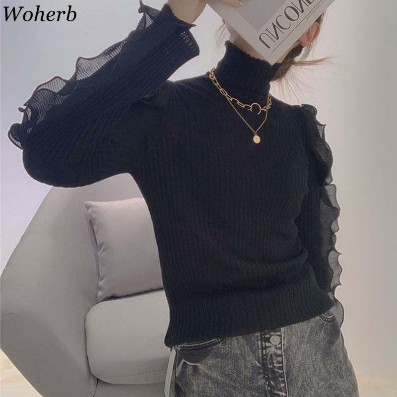 Fall Women Clothes Turtleneck Hollow Out Off Shoulder Knit Pullovers Ruffles Slim Fir Sweaters Jumper Sueter 210519