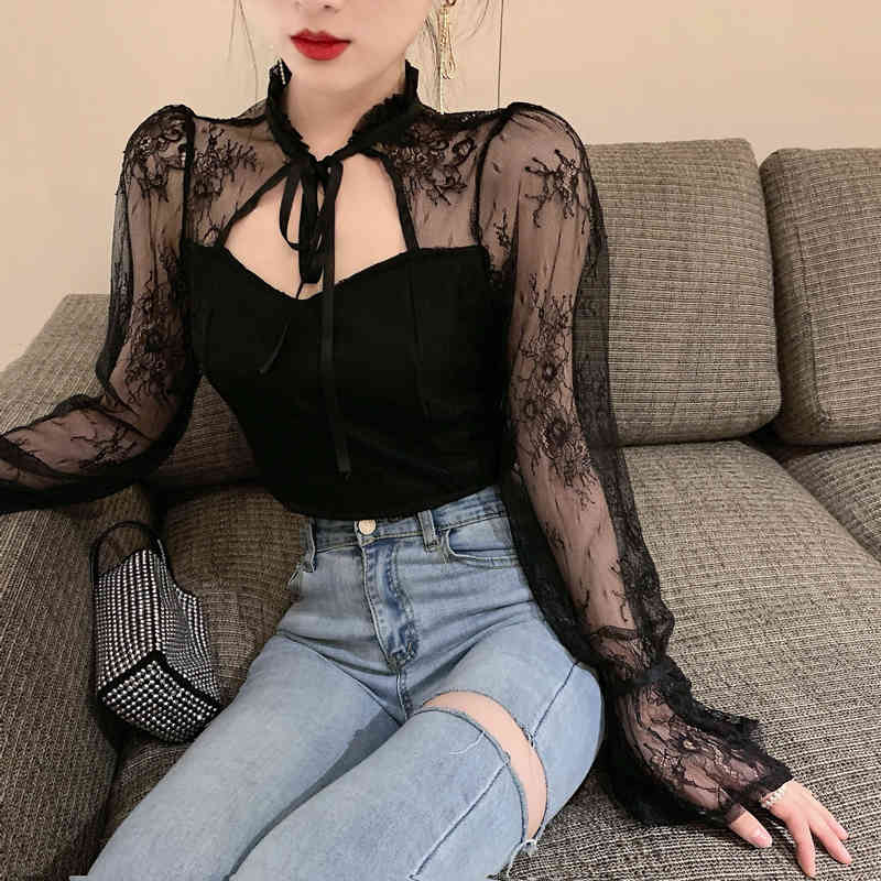 Nomikuma Korean Perspective Patchwork Lace Shirt Korean Bow Tie Stand Neck Flare Long Sleeve Blouse Spring New Blusas 6D730 210427