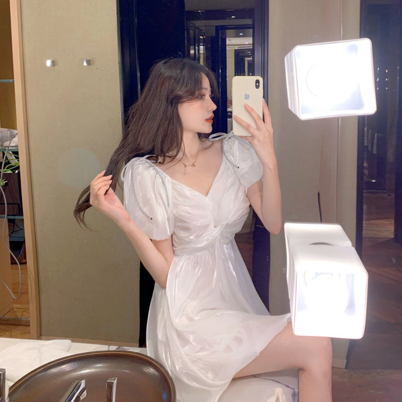 Elegant Vintage Dress Women V-neck Chiffon Slim Mini Dress Parety Evening Dress for Females Korean Style Summer Office Lady 210521