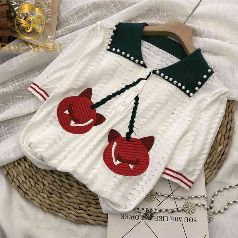 Summer Korean Women's Lapel Beaded Cherry Knit Sweater Fashion Pullover Embroidery Short Sleeve 210506