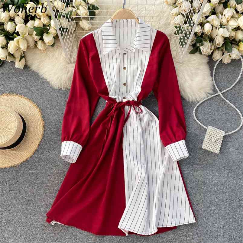 Elegant Shirt Dress Women Long Sleeve Contrast Color Striped Patch Dresses Office Lady Midi Robe Korean Chic Vestidos 210519