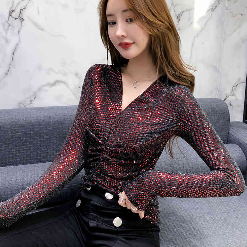 Korean Sexy Fashion Long Sleeve Bright Sequins Clothes Backing Slim Women Shirts Tight Tops and Blouses 8494 50 210506