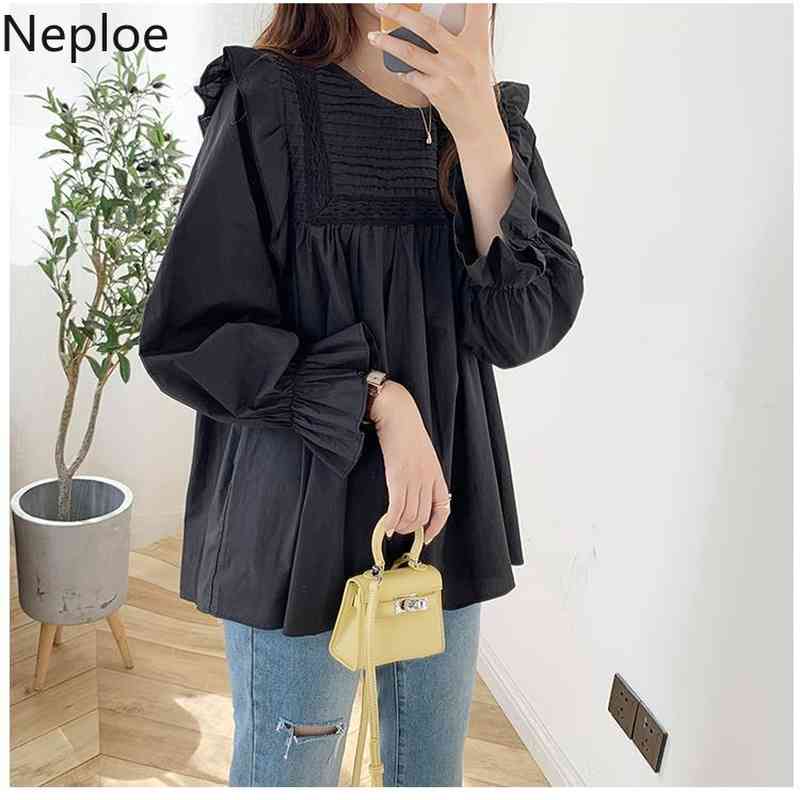 Neploe Vintage Women Pleated Blouses Hollow Out Ruffle Shirts Loose Long Sleeve Patchwork Blusas Female White Elegant Tops 210422