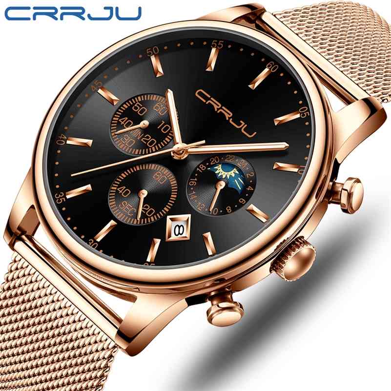 

CRRJU Top Luxury Men Multifunction Watches Business Casual Waterproof Quartz Date Wrist Watch Male Mesh Strap Clock reloj hombre 210517, Silver black