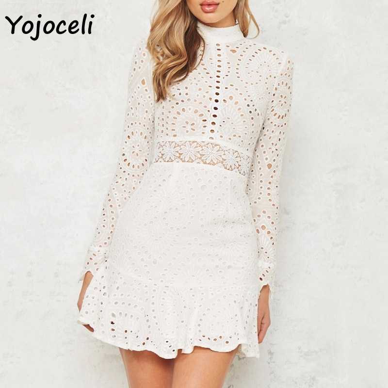 Yojoceli white cotton embroidery lace dres bodycon crochet party autumn winter 210609