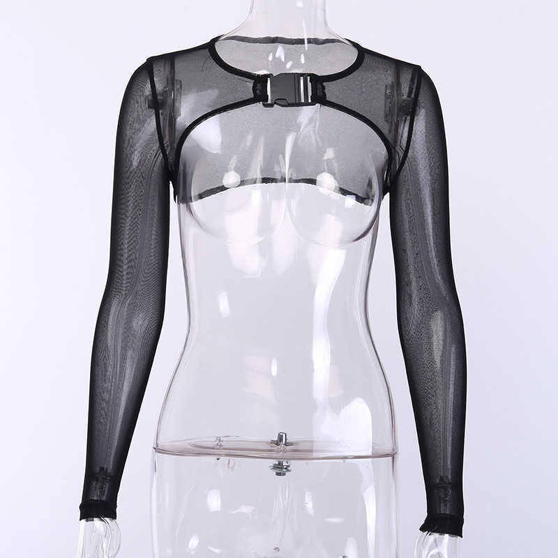 ArtSu Mesh Shirts Long Sleeve Crop Top Neon Green Black Transparent Sexy Buckle Top Tee Shirt Femme Tshirts Women ASTS20768 T200525