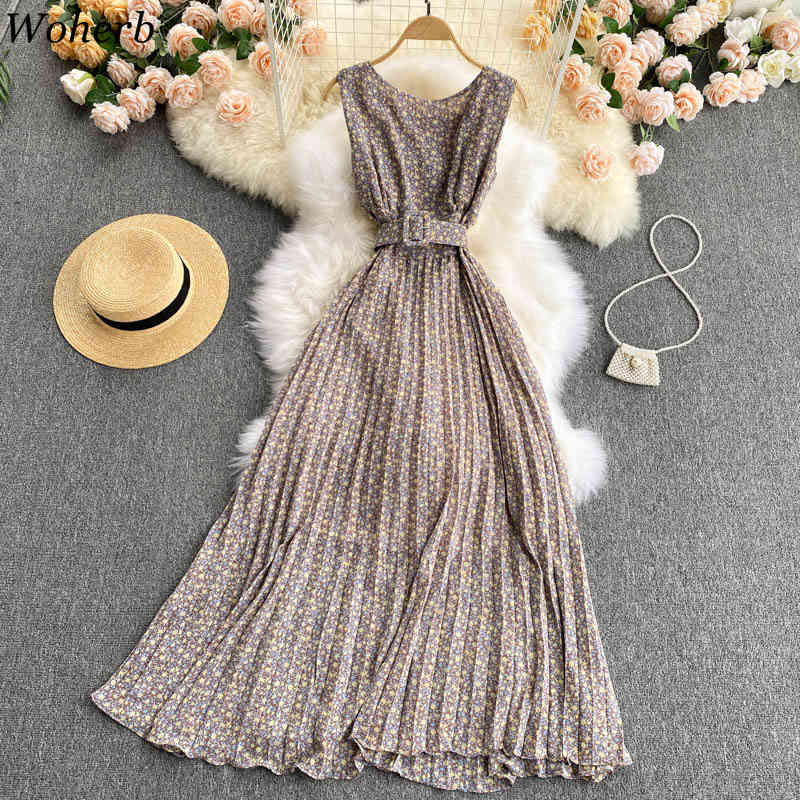 Chiffon Maxi Dress Women Vintage Temperament O Neck Slim Vestidos Floral Korean Pleated Elegant Dresses with Belt 4j410 210519