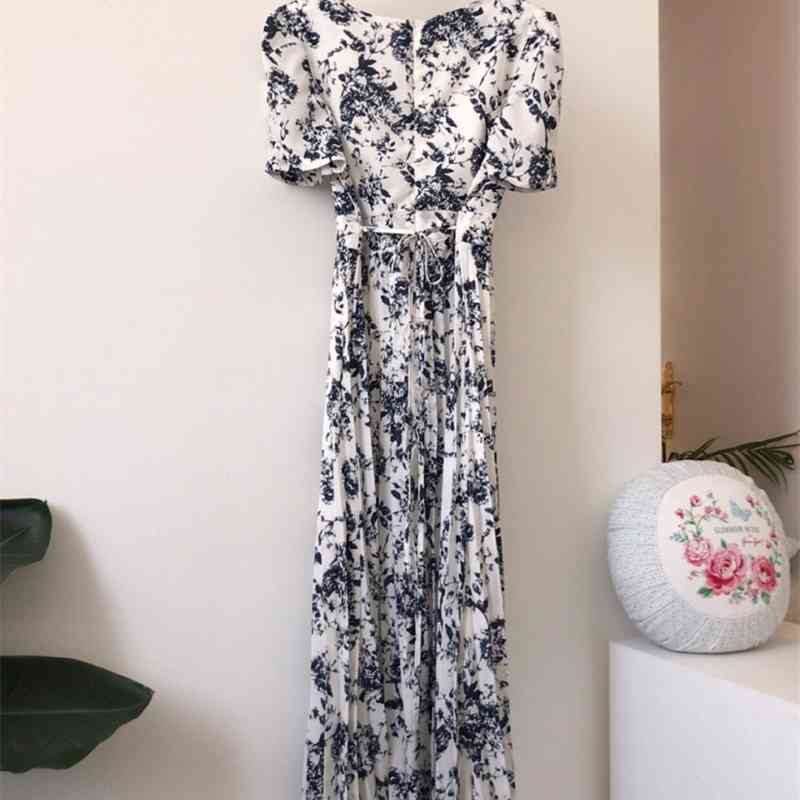 Summer Women Elegant Vintage Square Collar Print Lace-up Slim Dress Lady Casual Chic Short Sleeve Pleated Bandage Dresses 210506
