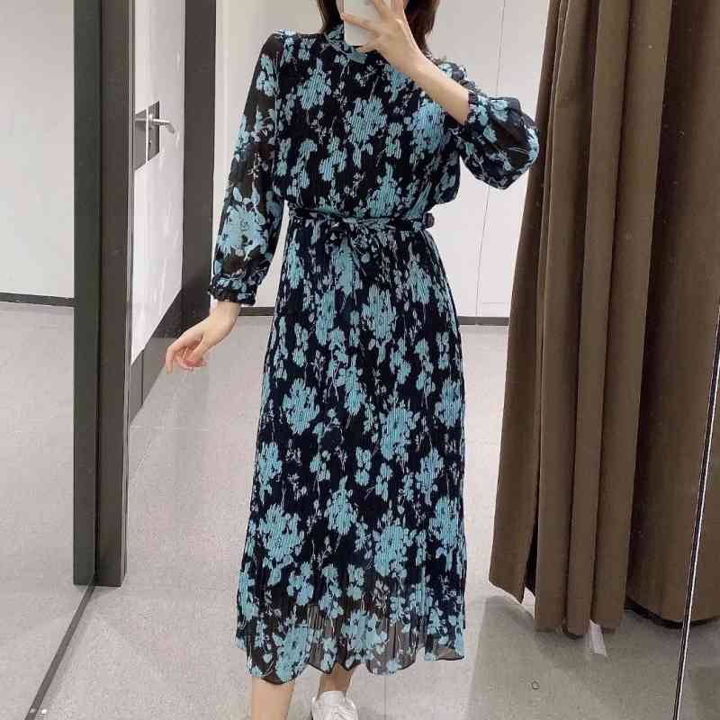 Women Floral Print Pressed Pleat Chiffon Dress Vintage Femme Nine Quarter Sleeve Loose Clothes Casual Lady Vestido D6533 210430