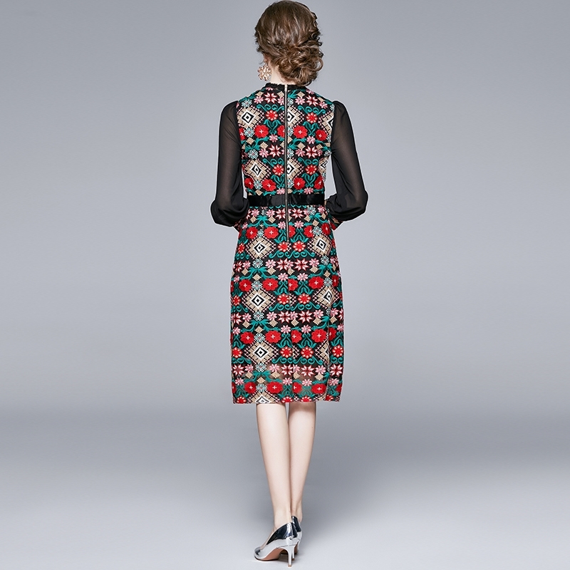 Runway Spring Top Quality Autumn Party Events Women Stand Neck Hollow Out Lace Embroidery Long Sleeve Bodycon Vintage Dress 210506