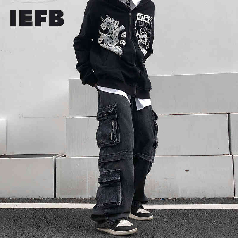 IEFB High Street Machine Cargo Pants Men's Fashion Ins Straight Loose Streetwear Black Jeans Hip Hop Trousers 9Y5203 210524
