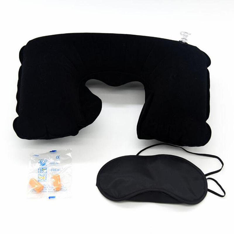 100sets Wholesale 3 in 1 Neck Pillow Car Airplane Travel Set Inflatable U-Shaped Soft Pillows Air Cushion Sleeping Eye Mask Eyeshade Earplugs