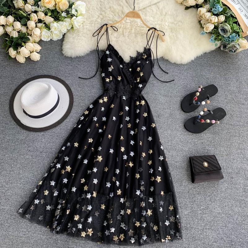 Vintage Party Dress Mesh Lace Sequined A-line Sexy Dresses Summer V-neck Stars Vestidos Zipper Clothing 210521
