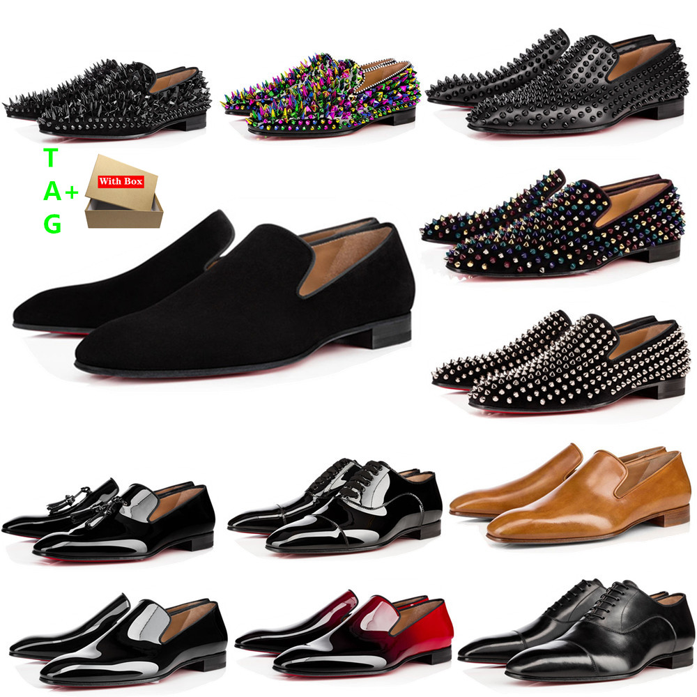 Brand Mens Red Bottoms Shoes Designers Low Flat Rivets Embroidery Man Business Banquet Dress Shoe Luxurys Patent Suede Stylist Spikes Genuine Leather Sneakers 2201