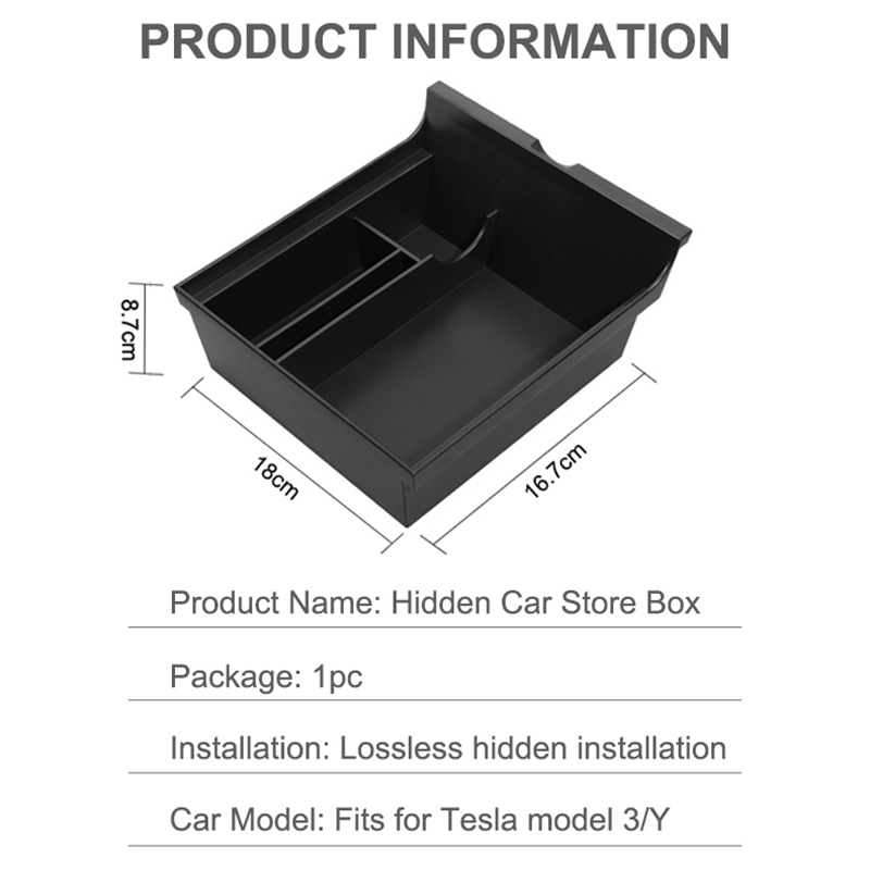 Car Hidden Organizer for Tesla Model 3/Y Storage Box Flocking Containers Central Armrest Case for Sunglasses Phone Coin Ticket