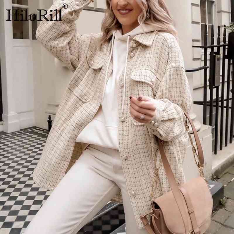 Women Chic Loose Plaid Jacket Coat Pearl Decorate Vintage Outerwear Tops Batwing Long Sleeve Jackets With Pockets 210508