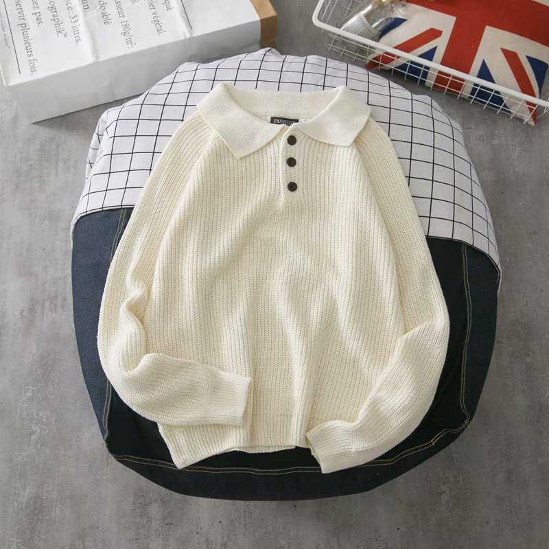 Sweater Turn-down Collar Solid Simple All-match Korean Style Daily Soft Warm Knitting Sweater Loose Trendy 211011Z