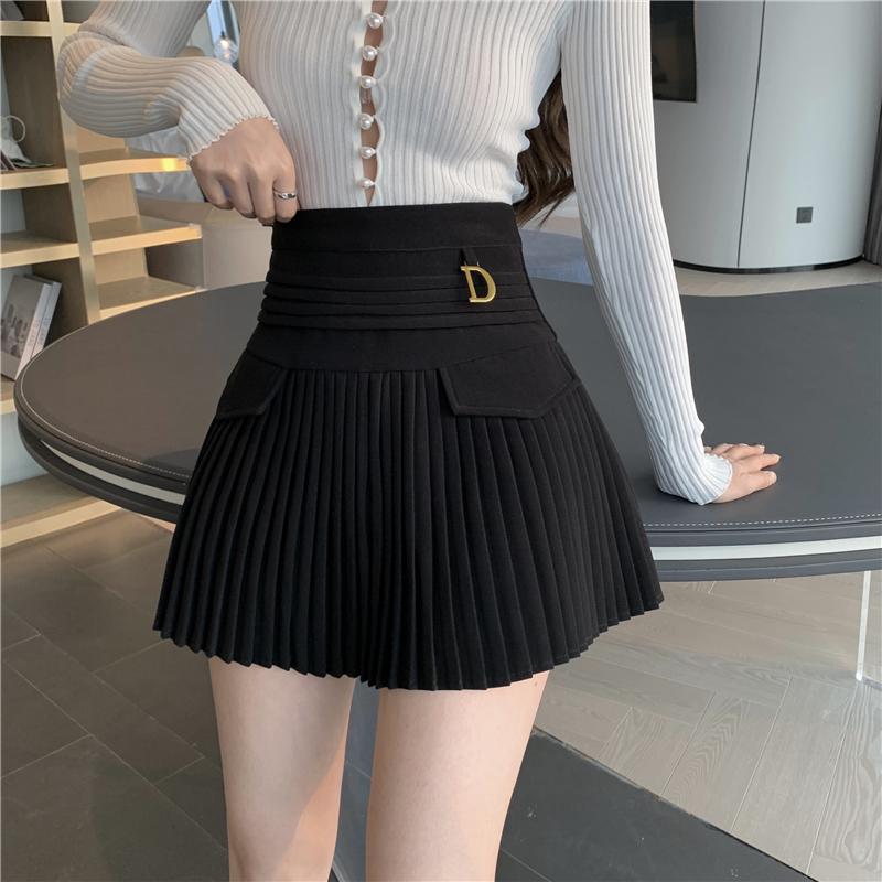 Skirts 2021 Black Pleated Women High Waist Mini Skirt Metal Letter D Design A-Line Clubwear Korean Sexy Streetwear Show Casual