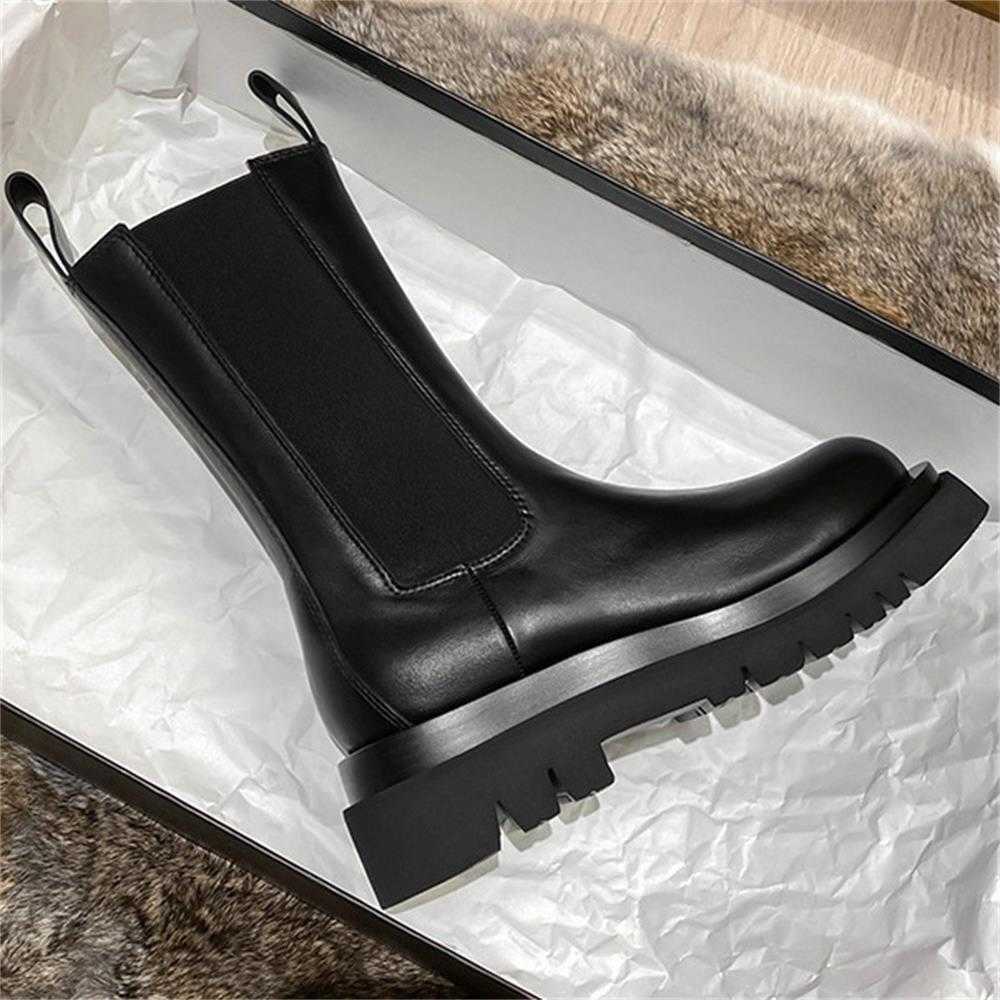 Increased Platform Women Mid Calf Boots Genuine Leather Brand Ladies Shoes Woman Chelsea Boots Female Women Shoes Botas De Mujer Y0914
