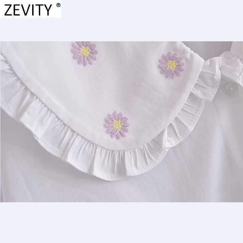 Zevity Women Sweet Floral Embroidery Casual Smock Blouse Female Short Sleeve Pleat Ruffles Shirts Chic White Chemise Tops LS9258 210603