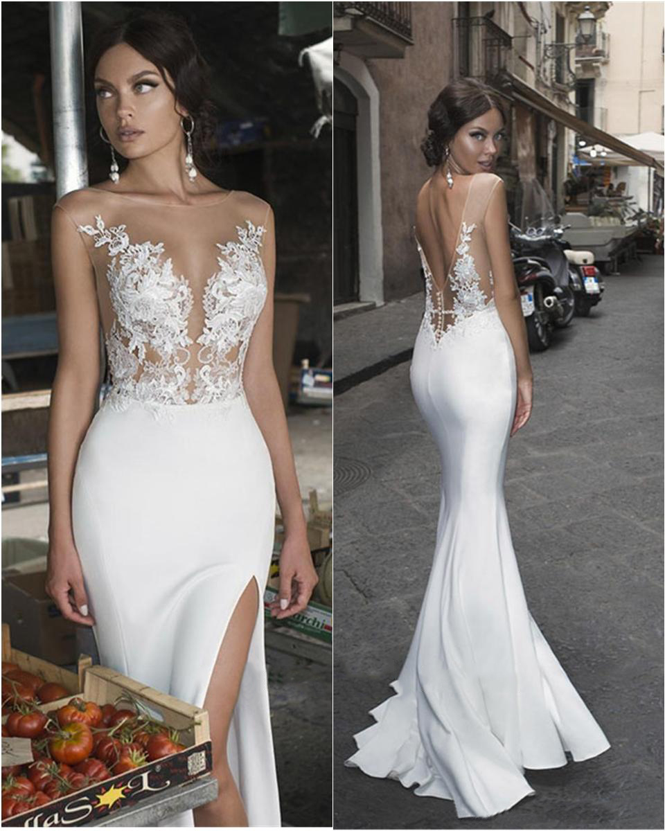 2021 Sexy Side Split Wedding Dresses Beach Lace Appliques Illusion Beach Bridal Dress Satin Bohemian Wedding Formal Gown Sheath Wedding Dresses, Lavender
2021 Sexy Side Split Wedding Dresses Beach Lace Appliques Illusion Beach Bridal Dress Satin Bohemian Wedding Formal Gown Sheath Wedding Dresses, Lavender