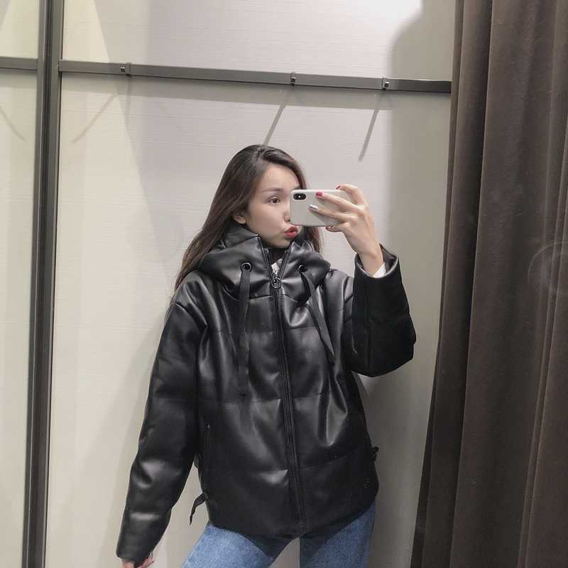 Winter jacket women parka vintage black leather s coats streetwear female puffer korean hooded coat 211018