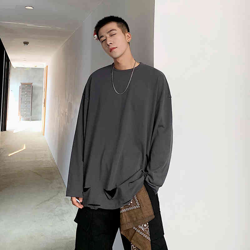 IEFB / men's wear spring solid color pullover long-sleeved T-shirt male loose personality hole all-match tops 9Y1201 210524
