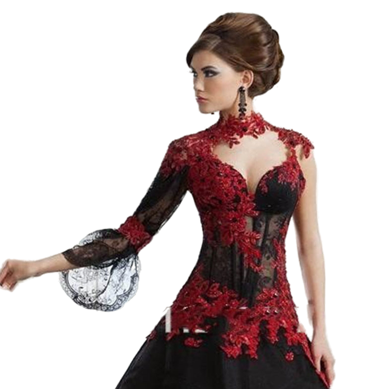 Victorian Gothic Masquerade Wedding Dress High Neck Appliques Lace Beaded Red and Black Long Ball Bridal Gowns Vintage Corset Plus Size Bride Dresses 