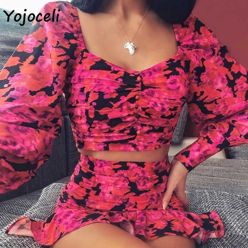 Yojoceli puff sleeve flroal print dres square neck ruffle two pieces set party club 210609
