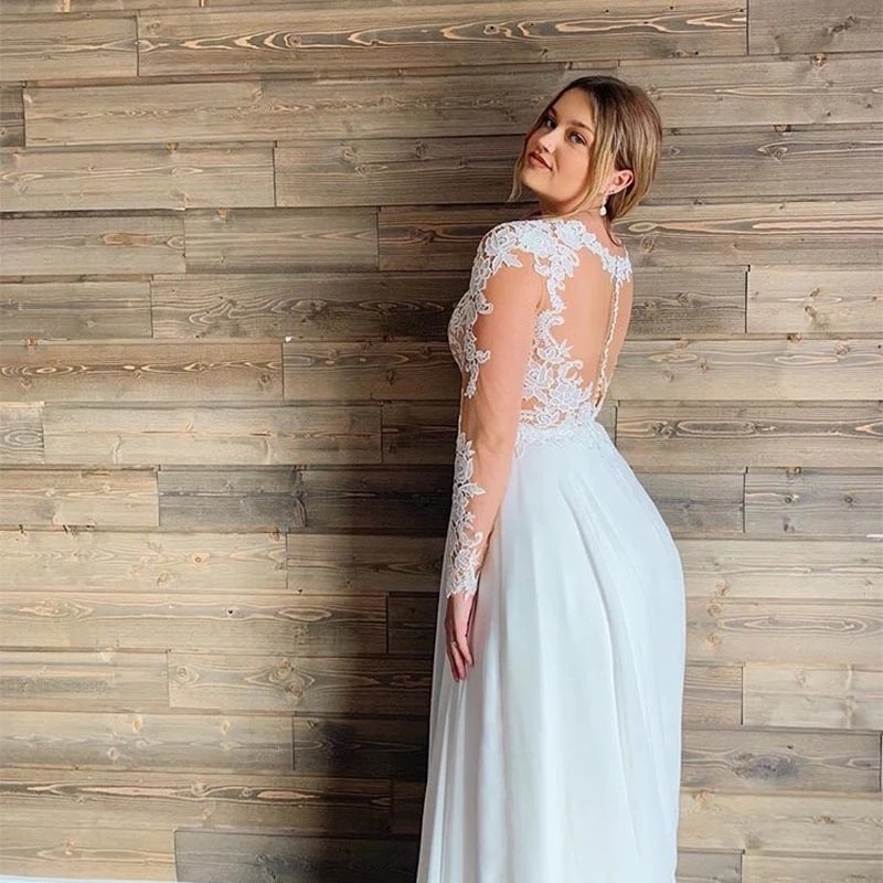 Bohemian Chiffon Lace Wedding Dresses A Line Bridal Gowns Long Sleeves Sweep Train 2021 robe de mariée Appliques Deep V Neck Plus Size Bride Dress Sex