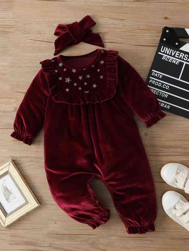 Baby Glitter Star Ruffle Trim Velvet Jumpsuit With Headband SHE