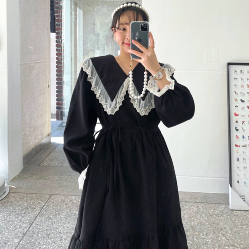 Neploe Spring Women Dress Vintage Lace Peter Pan Collar Slim Waist Sweet Vestidos Mujer Flare Sleeve Black Elegant Dresses 210422