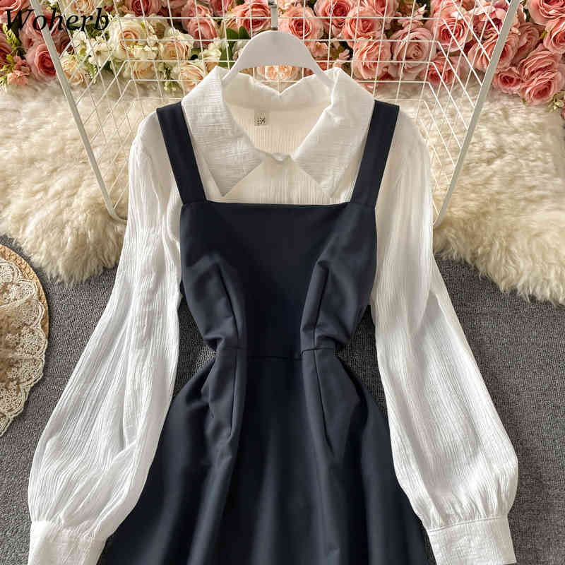 2 Piece Set Preppy Style Suit Sweet Square Collar Vest Dresses Vintage White Long Sleeve Shirt Top Two-piece Sets Women 210519