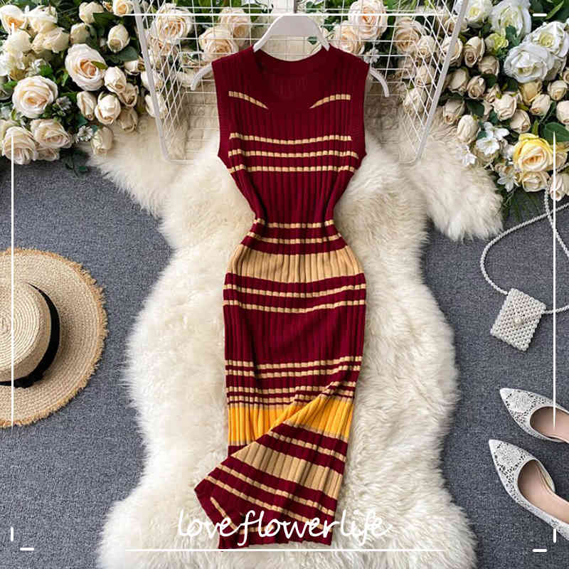 Slim Sleeveless Stripe Knitted Dress Summer Sexy Women Sweater Vintage Bodycon Vestidos Elegant Party Knee Length Dress 210521, Red wine
Slim Sleeveless Stripe Knitted Dress Summer Sexy Women Sweater Vintage Bodycon Vestidos Elegant Party Knee Length Dress 210521, Red wine