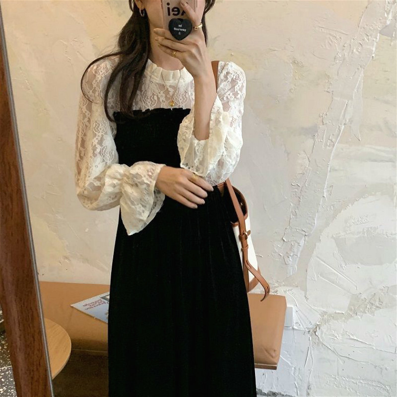 Lace Vintage Dress Women O-Neck Elegant Black Dress Female Casual Patchwork Long Sleeve Dress Korean Autumn 210521