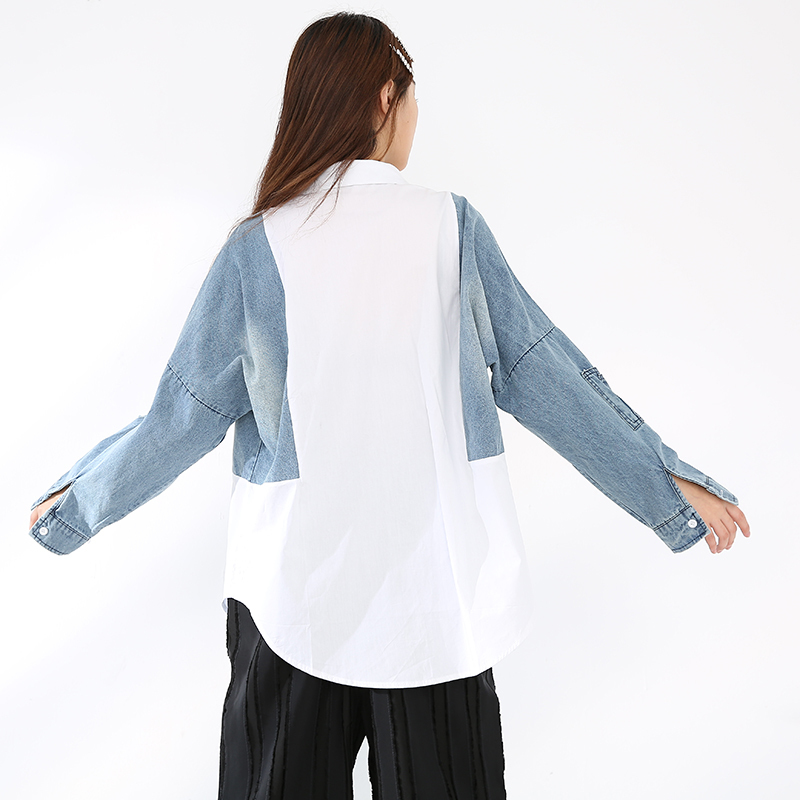 Patchwork Denim Long Sleeve Women Blouses Turn-down Collar Korean Fashion Top Spring Loose Female Shirt FM1750 210427
