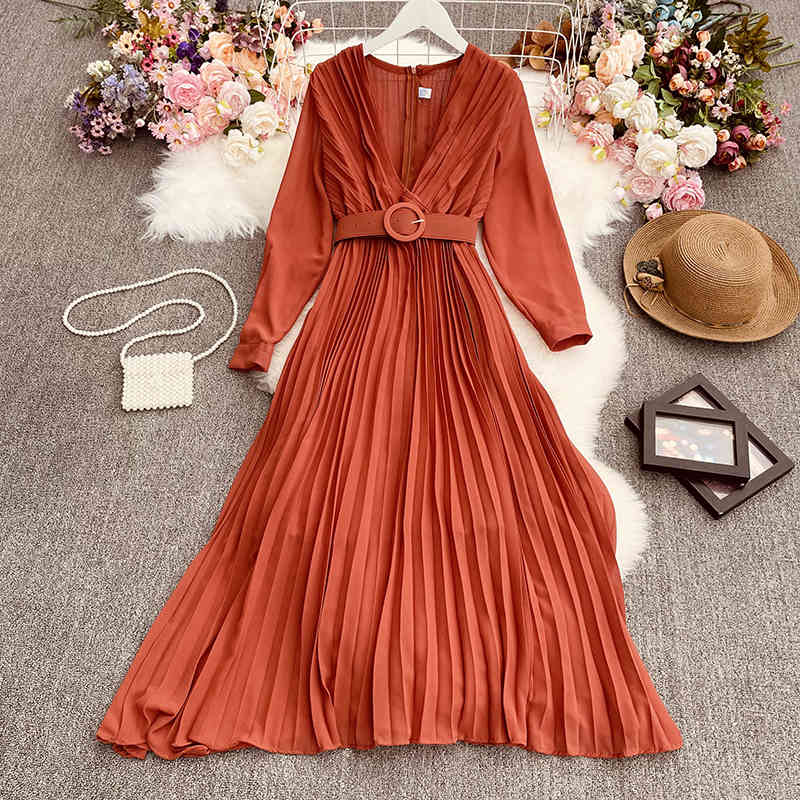 Nomikuma Korean Pleated A-line Elegant Long Dress Belt Slim Waist V-neck Long Sleeve Vestidos Spring New Women Dresses 6G176 210427