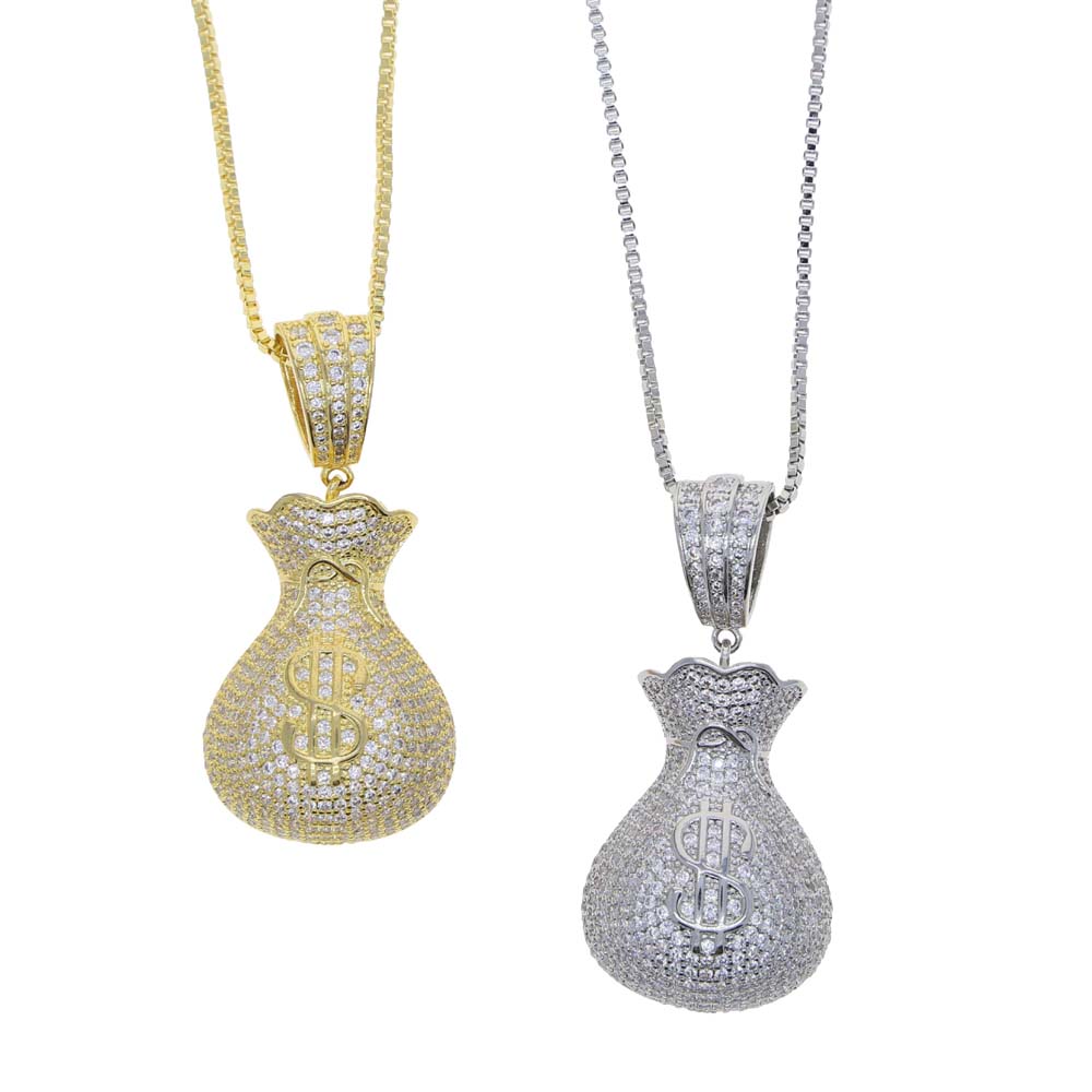 Full Micro Paved Cubic Zirconia CZ Iced Out Dollar Money Bag Pendant Hip Hop Women Necklace With Tennis Box Chain
