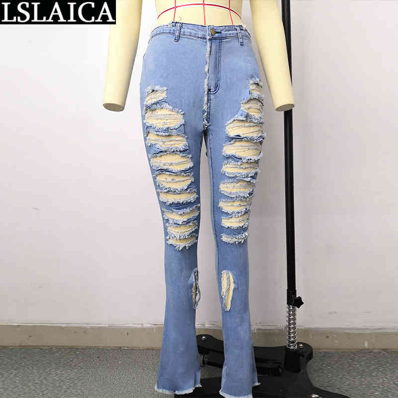 Pants Women Casual Plus Size Button Zipper Trousers Fashion Personality Hole Slim Flare Jeans Pantalones Para Mujer 210515