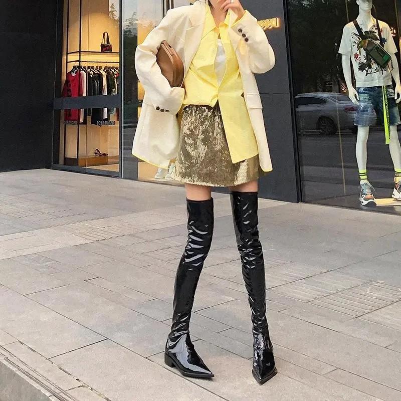 Boots 2021 Fashion High Quality Genuine Leather Pointed Toe Thigh Stretch Patent Over The Knee Women