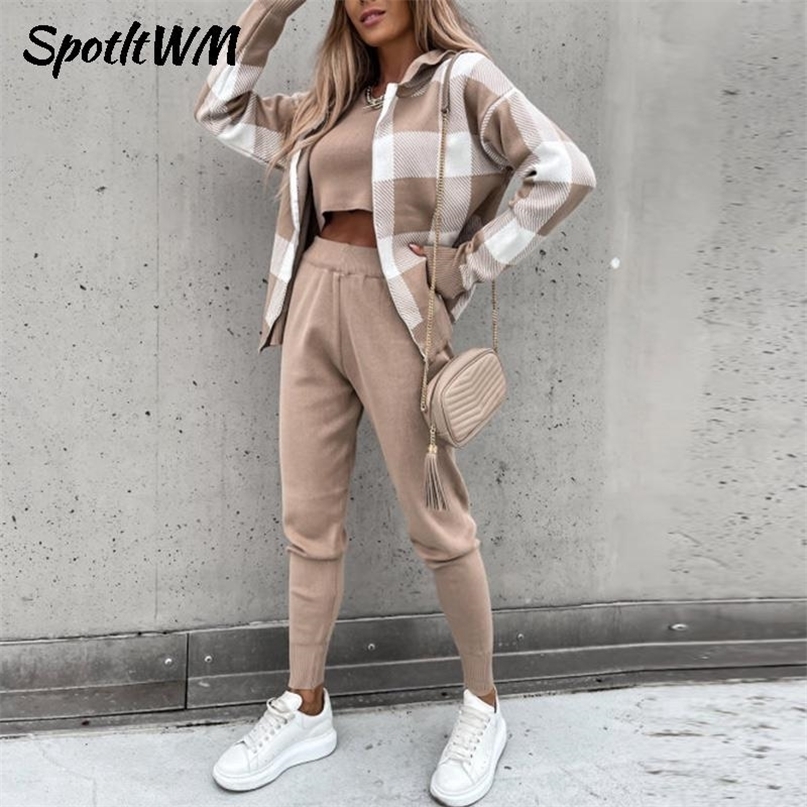 Casual Women Knitted Three Piece Sets Hooded Plaid Zipper Top And Cropped Vest Pencil Pant Suits Autumn Streetwear Trackuits 220315