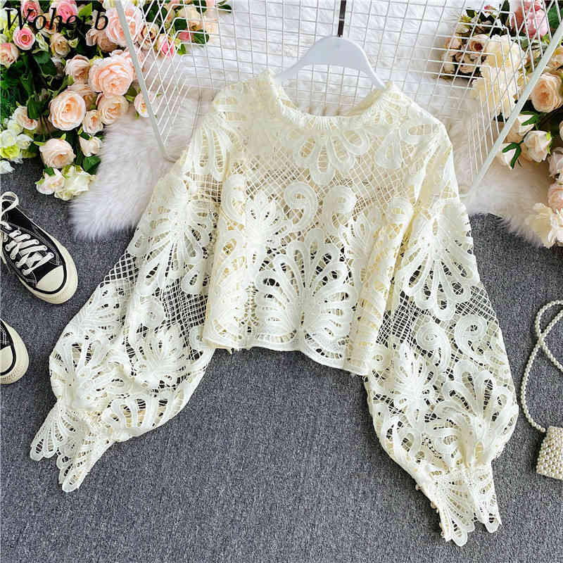 Chic Hollow Out Blouse Women Vintage Lace Crop Tops Puff Sleeve See Through Shirt Fashion Blusas Mujer De Mada 210519