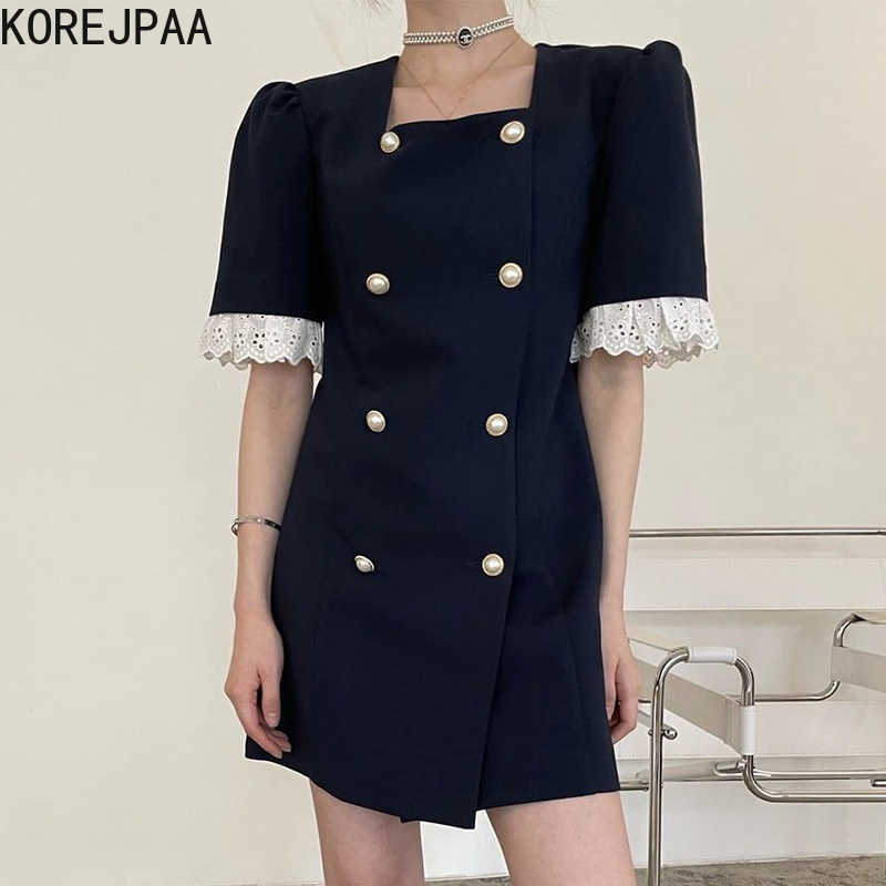 Korejpaa Women Dress Summer Korean Retro Square Collar Double-Breasted Pearl Button Lace Stitching Short-Sleeved Vestidos 210526, Navy
Korejpaa Women Dress Summer Korean Retro Square Collar Double-Breasted Pearl Button Lace Stitching Short-Sleeved Vestidos 210526, Navy