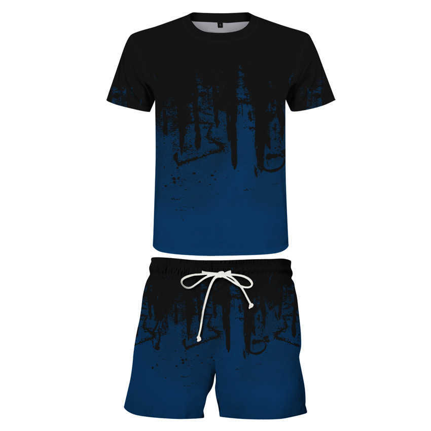 Summer Men Sets Tracksuit Short Sleeve Sportsuit Fashion Trend Well Ink Printing Tshirt + Shorts Suit Casual Wild Sportswear 6XL 210603