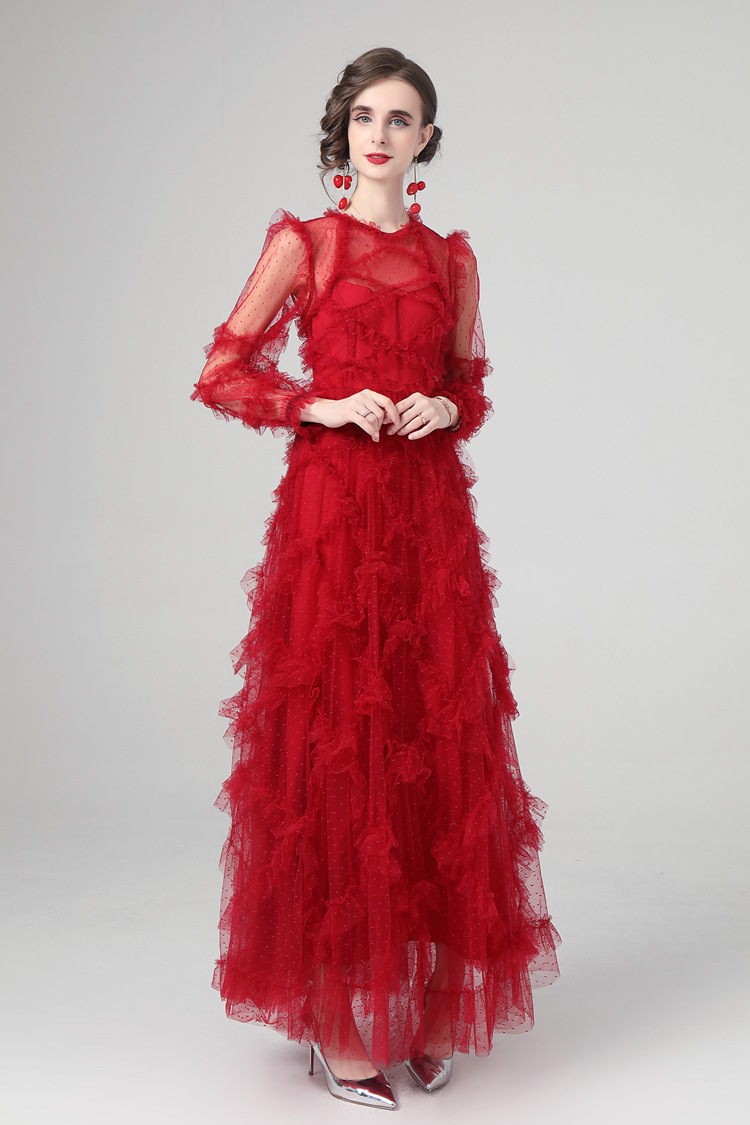 Women's Runway Dresses O Neck Long Sleeves Ruffles Elegant Fashion Tiered Party Prom Gown