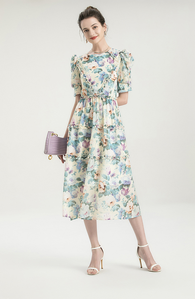 Women's Runway Dresses O Neck Short Sleeves Floral Printed Ruffles Elegant Fashion Mid Dress