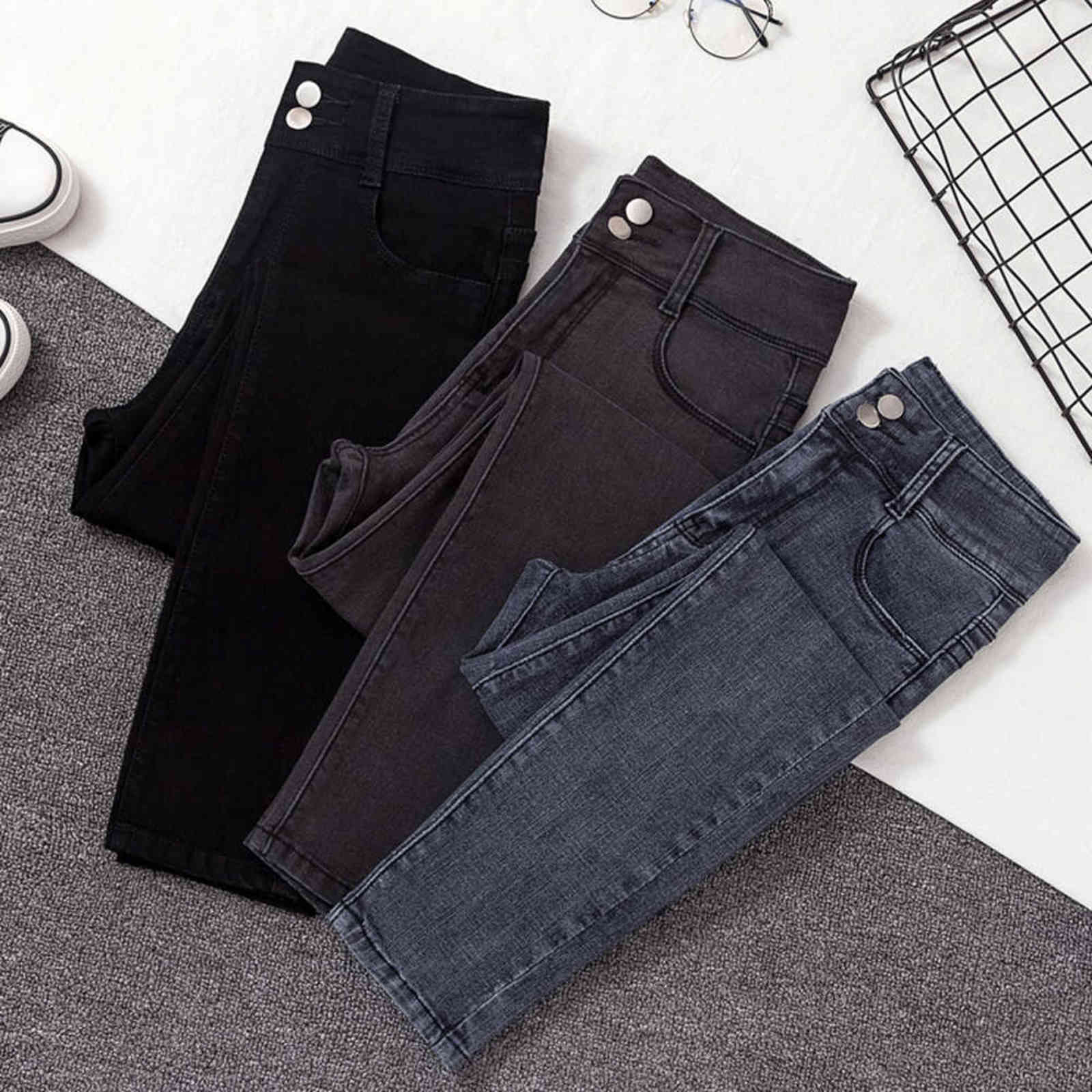 High Waist Jeans Women Fashion Casual Streetwear Slim Black Blue Gray Jeans Vintage Stretch Denim Pencil Pants Women 211112